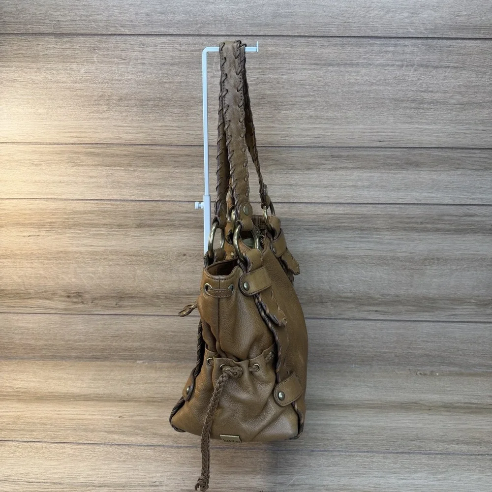 Kooba Sienna Leather Satchel Handbag Tan Whipstitch Braided Hobo Bag Vintage Y2K